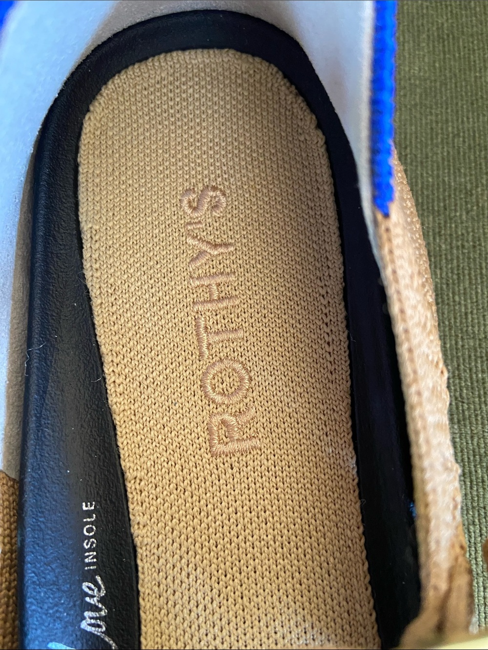 Rothy's Pointed Mary Jane Flats in Caramel Tan with Blue Trim - Picture 3 of 5